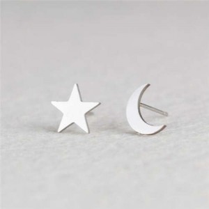 Star and Moon Combo European Fashion Women Stainless Steel Stud Earrings - Silver