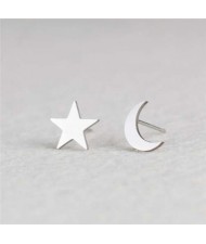 Star and Moon Combo European Fashion Women Stainless Steel Stud Earrings - Silver