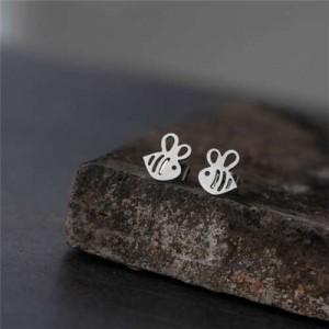 Cartoon Style Bee U.S. High Fashion Stainless Steel Women Stud Earrings - Silver