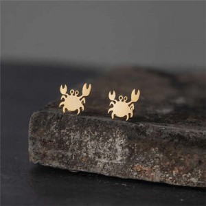 Glossy Crab European Fashion Stainless Steel Women Stud Earrings - Golden