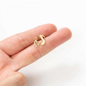 Creative Asymmetrical Note European Fashion Women Stainless Steel Stud Earrings - Golden
