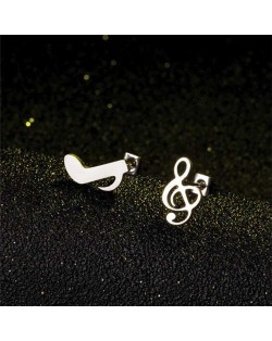 Creative Asymmetrical Note European Fashion Women Stainless Steel Stud Earrings - Silver