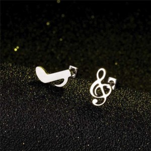 Creative Asymmetrical Note European Fashion Women Stainless Steel Stud Earrings - Silver