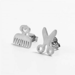 Creative Comb and Scissors Asymmetrical Fashion Stainless Steel Stud Earrings - Silver