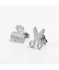 Creative Comb and Scissors Asymmetrical Fashion Stainless Steel Stud Earrings - Silver