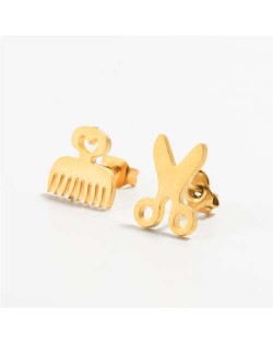 Creative Comb and Scissors Asymmetrical Fashion Stainless Steel Stud Earrings - Golden