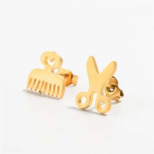 Creative Comb and Scissors Asymmetrical Fashion Stainless Steel Stud Earrings - Golden