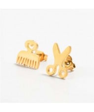 Creative Comb and Scissors Asymmetrical Fashion Stainless Steel Stud Earrings - Golden