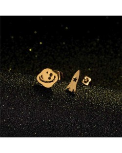 Creative Planet and Rocket Asymmetrical U.S. High Fashion Stainless Steel Stud Earrings - Golden