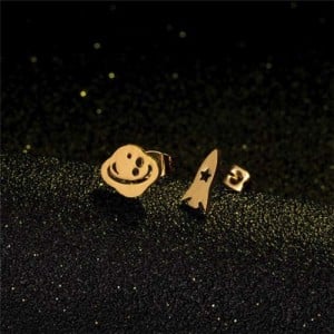 Creative Planet and Rocket Asymmetrical U.S. High Fashion Stainless Steel Stud Earrings - Golden