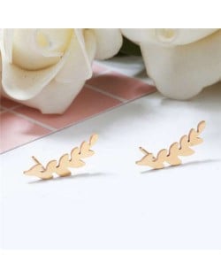 Minimalist Fashion Camphor Tree Leaves Stainless Steel Women Stud Earrings - Golden