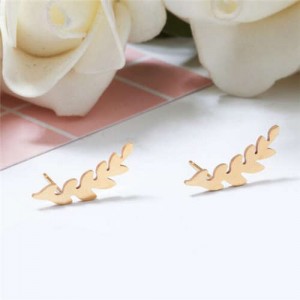 Minimalist Fashion Camphor Tree Leaves Stainless Steel Women Stud Earrings - Golden