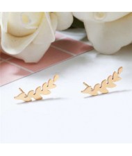 Minimalist Fashion Camphor Tree Leaves Stainless Steel Women Stud Earrings - Golden