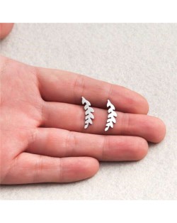 Minimalist Fashion Camphor Tree Leaves Stainless Steel Women Stud Earrings - Silver