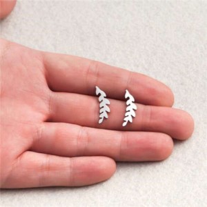 Minimalist Fashion Camphor Tree Leaves Stainless Steel Women Stud Earrings - Silver