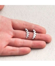 Minimalist Fashion Camphor Tree Leaves Stainless Steel Women Stud Earrings - Silver