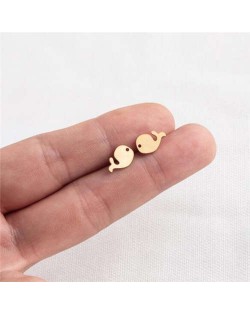 Korean and Japanese Fashion Cute Whale Design Women Stainless Steel Stud Earrings - Golden