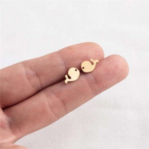 Korean and Japanese Fashion Cute Whale Design Women Stainless Steel Stud Earrings - Golden