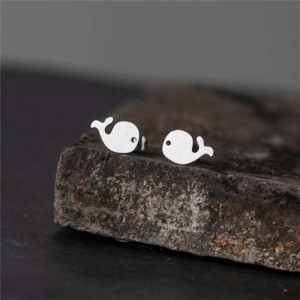 Korean and Japanese Fashion Cute Whale Design Women Stainless Steel Stud Earrings - Silver