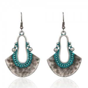 European and American Retro Style Fan-shaped Ethnic Fashion Women Bohemian Pendant Earrings - Teal