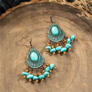 Retro Style Bohemian Vintage Fashion Artificial Turquoise Oval Shape Women Tassel Earrings