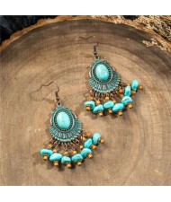 Retro Style Bohemian Vintage Fashion Artificial Turquoise Oval Shape Women Tassel Earrings