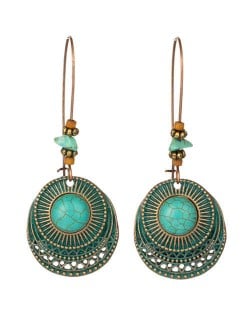 Vintage Fashion Artificial Turquoise Inlaid Round Fashion Women Costume Earrings - Golden
