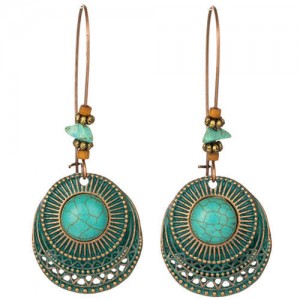 Vintage Fashion Artificial Turquoise Inlaid Round Fashion Women Costume Earrings - Golden
