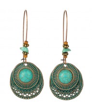 Vintage Fashion Artificial Turquoise Inlaid Round Fashion Women Costume Earrings - Golden