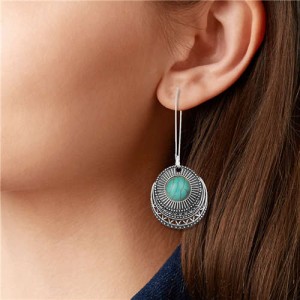 Vintage Fashion Artificial Turquoise Inlaid Round Fashion Women Costume Earrings - Silver