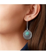Vintage Fashion Artificial Turquoise Inlaid Round Fashion Women Costume Earrings - Silver