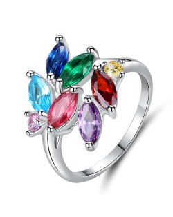 U.S. High Fashion Colorful Cubic Zirconia Artistic Leaves Women Ring