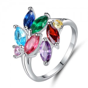 U.S. High Fashion Colorful Cubic Zirconia Artistic Leaves Women Ring