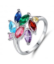 U.S. High Fashion Colorful Cubic Zirconia Artistic Leaves Women Ring