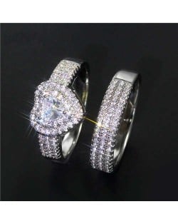 2 Pieces Set Shining Cubic Zirconia Heart Shape Lovers Ring/ Engagement Ring