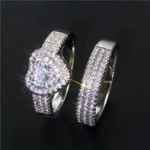 2 Pieces Set Shining Cubic Zirconia Heart Shape Lovers Ring/ Engagement Ring