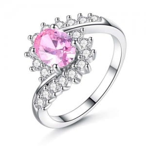Artificial Gem Flower Twisted Design Women Fashion Costume Ring/ Engagement Ring - Pink