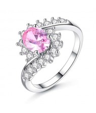 Artificial Gem Flower Twisted Design Women Fashion Costume Ring/ Engagement Ring - Pink