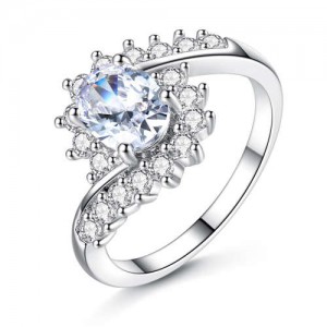 Artificial Gem Flower Twisted Design Women Fashion Costume Ring/ Engagement Ring - White