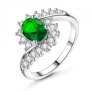 Artificial Gem Flower Twisted Design Women Fashion Costume Ring/ Engagement Ring - Green