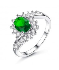Artificial Gem Flower Twisted Design Women Fashion Costume Ring/ Engagement Ring - Green