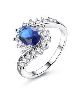 Artificial Gem Flower Twisted Design Women Fashion Costume Ring/ Engagement Ring - Blue