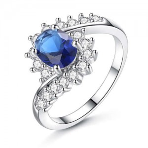Artificial Gem Flower Twisted Design Women Fashion Costume Ring/ Engagement Ring - Blue