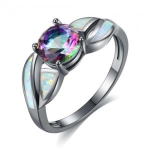 Opal Inlaid Four-claw Minimalist Style Black Gold Cubic Zircon Women Costume Ring