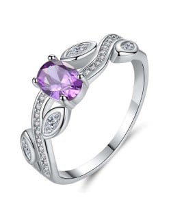 U.S. Fashion Leaf Shape Unique Design Oval Cubic Zirconia Women Amethyst Ring