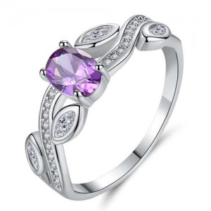 U.S. Fashion Leaf Shape Unique Design Oval Cubic Zirconia Women Amethyst Ring