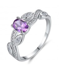 U.S. Fashion Leaf Shape Unique Design Oval Cubic Zirconia Women Amethyst Ring