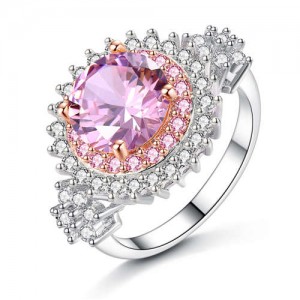 Luxurious Fashion Big Flower Cubic Zirconia Women Engagement Ring - Pink