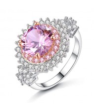 Luxurious Fashion Big Flower Cubic Zirconia Women Engagement Ring - Pink