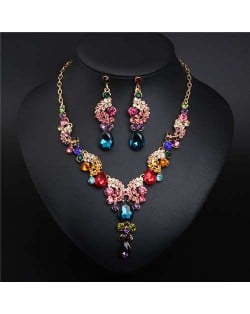 Luxurious Crystal Gem Bridal Fashion Necklace and Earrings Set - Multicolor